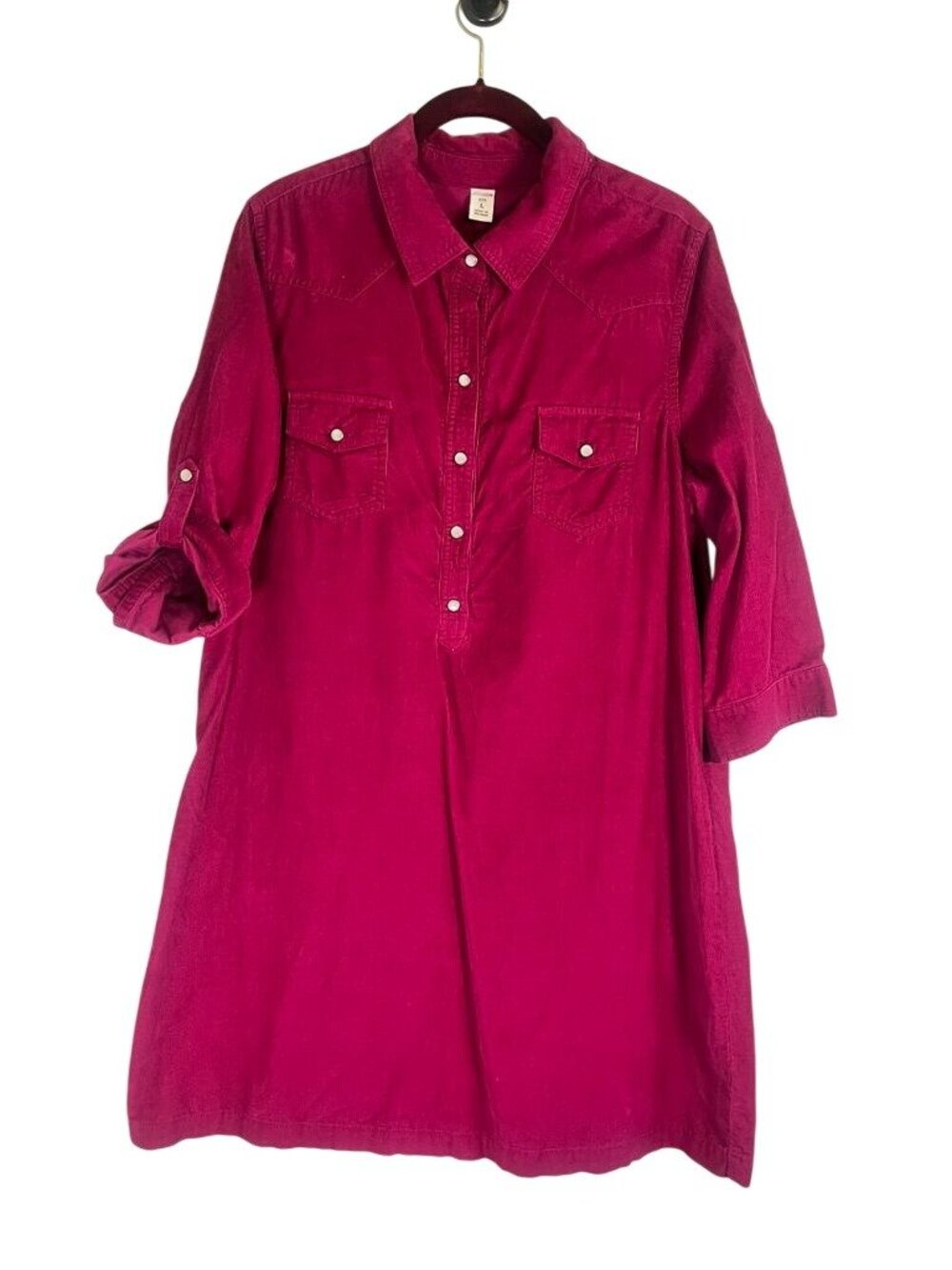 Colorful Corduroy Pearl Snap Shirt Dress Pink L Boho Indie Festival Folk Country